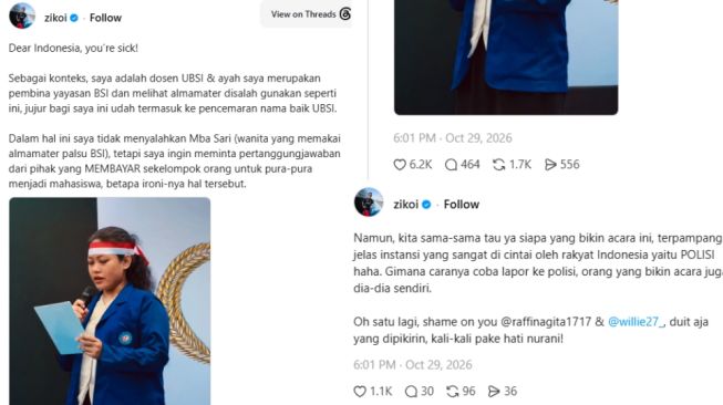 postingan Ziko Harnadi, protes keras acara Deklarasi Sumpah Pemuda Mahasiswa Indonesia 2026  (threads/zikoi)