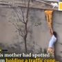 Mengharukan, Bocah Ini Selamatkan Seekor Kucing di Pagar Tinggi Dengan Traffic Cone
