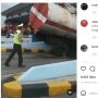 Mobil Tangki Pengangkut Minyak Diduga Tabrak Palang Pembatas Gerbang Tol Sampai Terjungkal, Begini Kondisinya