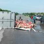 Gegara Pecah Ban Truk Box Bir Bintang Terguling, Ratusan Botol Berserakan di Tol