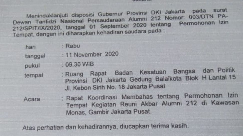 Surat Permohonan Reuni Akbar 212 Sudah Dikasih Ke Anies 1 September Lalu