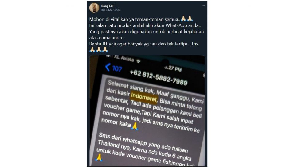 Awas Modus Penipuan Mengatasnamakan Kasir Minimarket Retas Akun Whatsapp