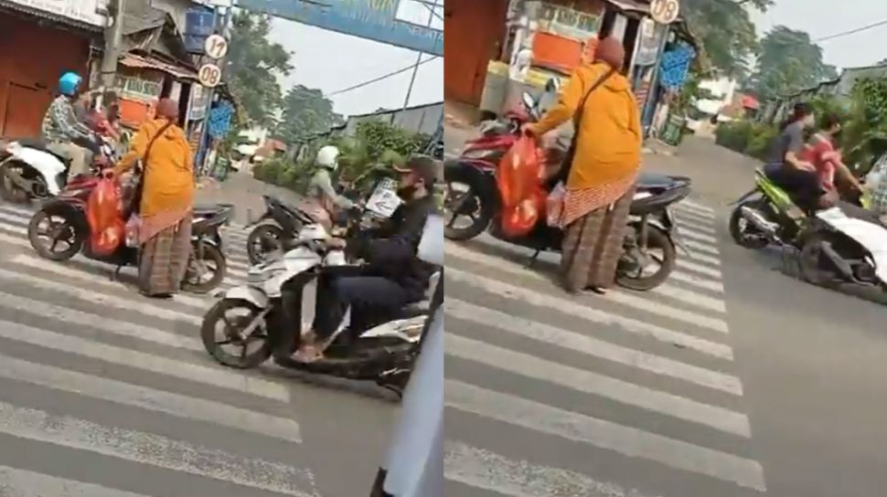 Viral Aksi Santai Emak-emak Parkir Sepeda Motor di Tengah Jalan
