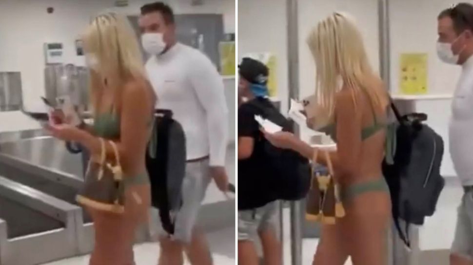 Viral video of a woman walking at the airport in only a bikini