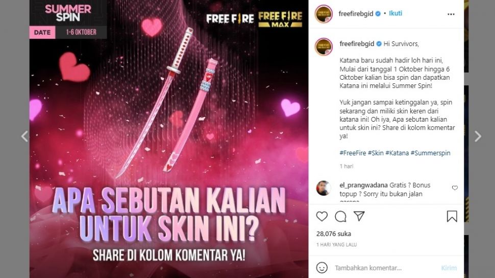 Cara Mendapatkan Katana Season of Love Free Fire dengan Mudah