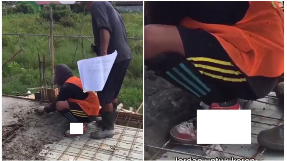 Terekam Lagi Ngecor Bangunan, Sepatu Kuli ini Jadi Sorotan Publik: Ini mah Sultan