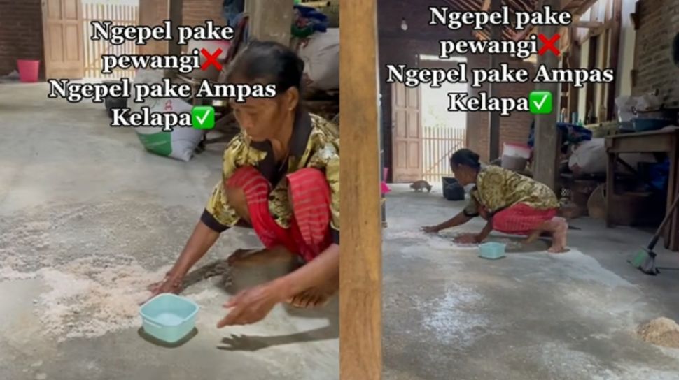 Bikin Nostalgia, Emak-emak Mengepel Pakai Ampas Kelapa, Lantai Auto Kinclong