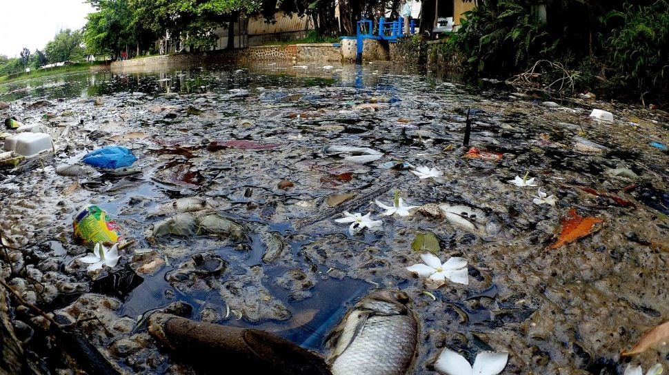 Kondisi Setu Citongtut yang airnya menghitam tercemar limbah di Gunung Putri, Kabupaten Bogor, Jawa Barat, Rabu (19/1/2022).  ANTARA FOTO/Yulius Satria Wijaya
