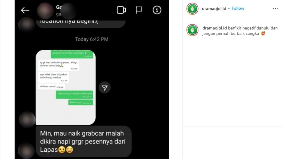 Curhat penumpang taksi dikira napi oleh sopir driver online. (Instagram/dramaojol.id)