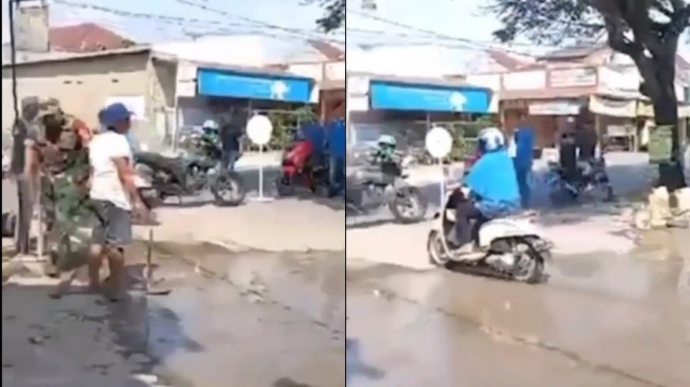 Tak Peduli Sekitar, Emak-emak Nekat Terobos Jalan Padahal Cor Masih Basah
