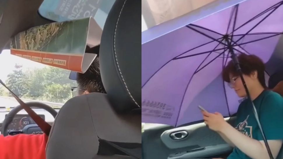 Saking Panasnya, Penumpang Ini Pakai Kertas hingga Payung Saat Berada di Dalam Mobil Berpanoramic Roof