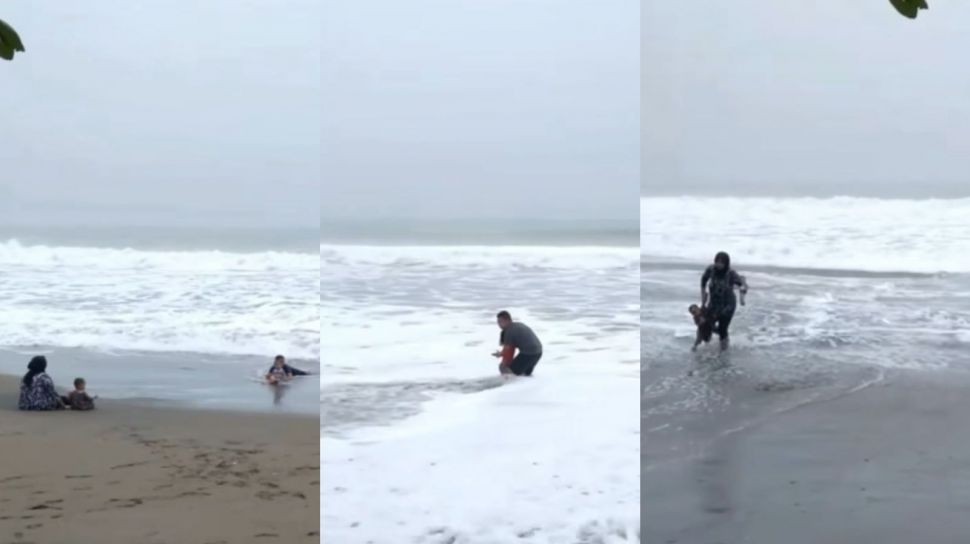 Hampir Terseret Ombak saat Duduk di Pinggir Pantai, Tindakan Ibu yang Tarik Tangan Anak Jadi Sorotan Publik