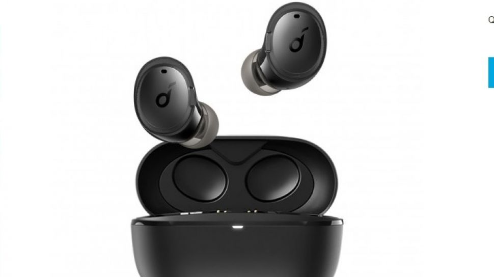  The image shows a pair of Soundcore K20i TWS earbuds with BassUp technology in black, inside a black charging case.