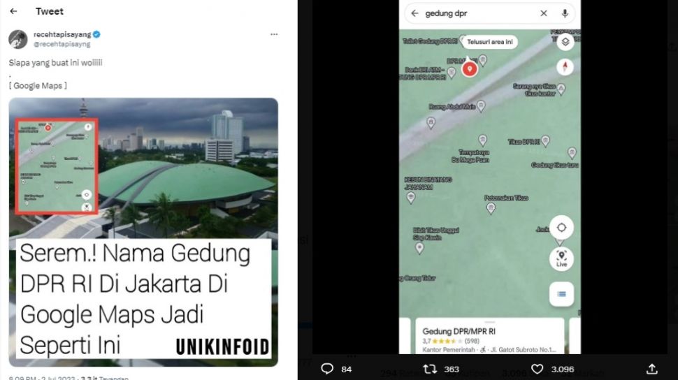Nama Gedung DPR di Google Maps Diganti Jadi Peternakan Tikus