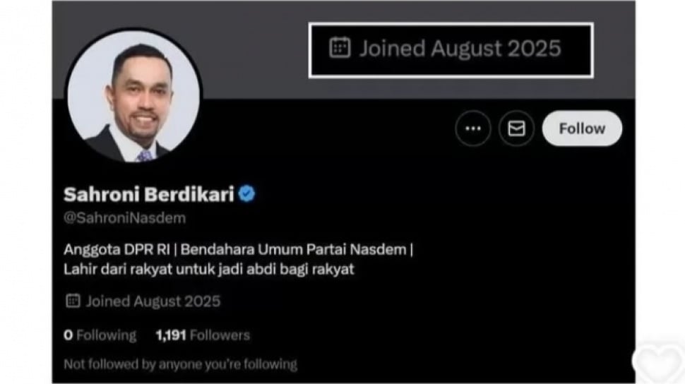 Akun Palsu Sahroni Berdikari Viral, NasDem Tegaskan Bukan Milik Ahmad Sahroni