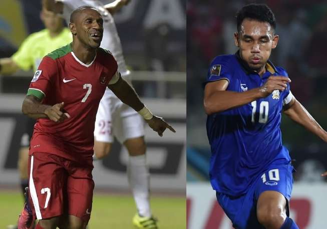 Kapten Timnas Indonesia, Boaz Solossa (kiri) dan Kapten Timnas Thailand, Teerasil Dangda (kanan) akan bertarung di final Piala AFF 2016 [Wahyu Putro/Antara/Romeo Gacad/AFP].