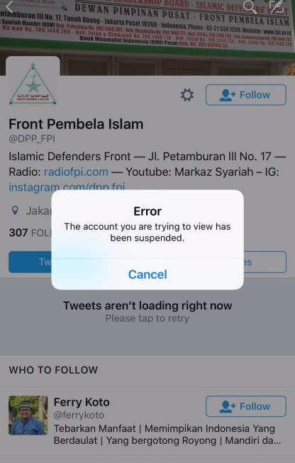 Akun Twitter FPI yang terblokir. [Twitter]