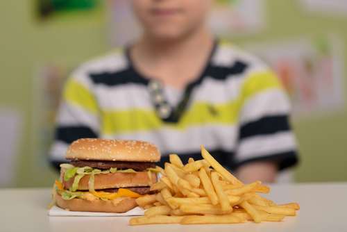 Ilustrasi anak makan kentang goreng dan burger, makanan siap saji, junkfood. (Shutterstock)