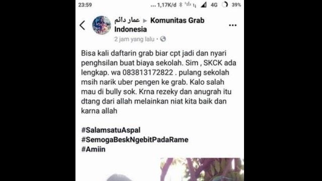 Anak SMK ingin jadi driver ojek online. (Facebook)