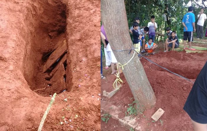 Makam Hendra Capung di Ciputat, Sawah Lama, Kota Tangerang Selatan, dibongkar orang misterius, Jumat (29/12/2017) pagi. Tali pocong dan papan nisannya hilang. [Facebook/Andi Lala]