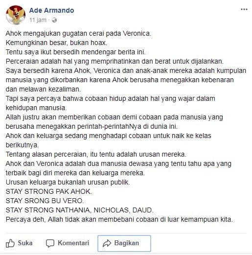 Postingan Ade Armando terkait kabar perceraian Ahok dan Veronica Tan. [Facebook@Ade Armando]