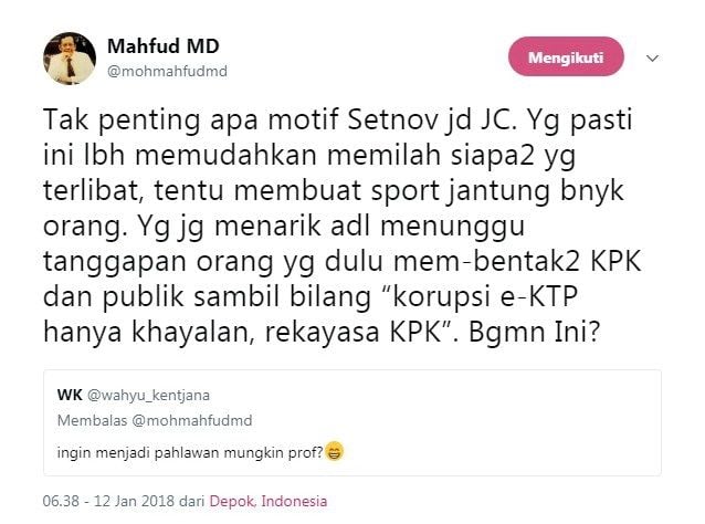 Cuitan Mahfud MD soal justice collaborator yang diajukan Setya Novanto. [Twitter@mohmahfudmd]