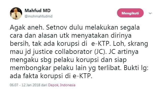 Cuitan Mahfud MD soal justice collaborator yang diajukan Setya Novanto. [Twitter@mohmahfudmd]