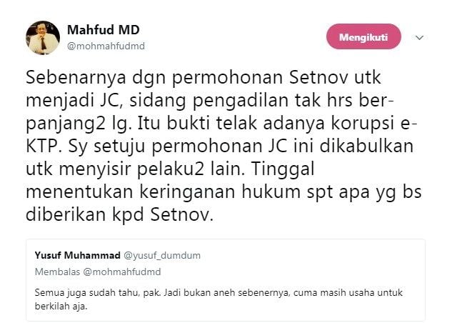 Cuitan Mahfud MD soal justice collaborator yang diajukan Setya Novanto. [Twitter@mohmahfudmd]