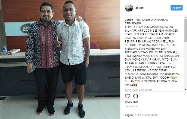 Titus Bonai (Tibo) berpamitan kepada PSM Makassar. [Instagram@25tibo]