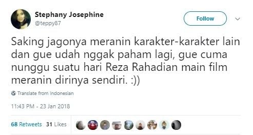 Cuitan Reza Rahardian perankan Benyamin.[Twitter]