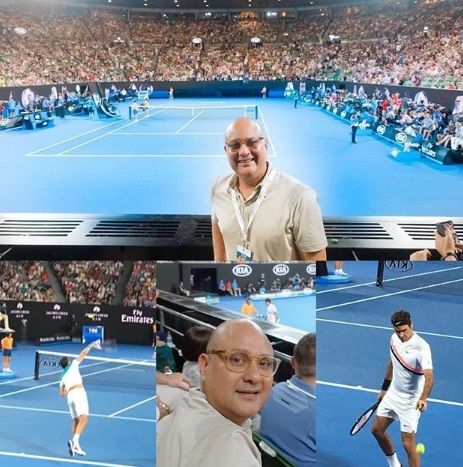 Maia Estianty, Irwan Murssy, dan Luna Maya di Australia Open 2018. [Instagram]