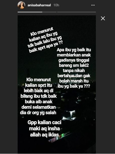 Annisa menyebut putrinya, Juwita Bahar kumpul kebo dengan kekasihnya. (Instagram)