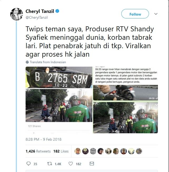 Seorang eks jurnalis televisi mengajak warganet di Twitter untuk mencari terduga pelaku tabrak lari yang menewaskan Raden Sandy Syafiek, seorang produser RTV, pada Sabtu (10/2). [Twitter/@CherylTanzil]