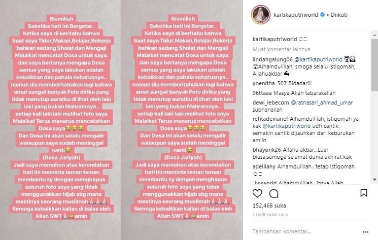 Postingan Kartika Putri. [Instagram]