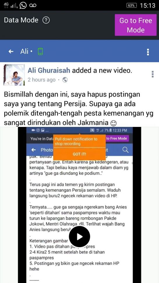 Screen shot Postingan FB akun Ali Ghuraisah