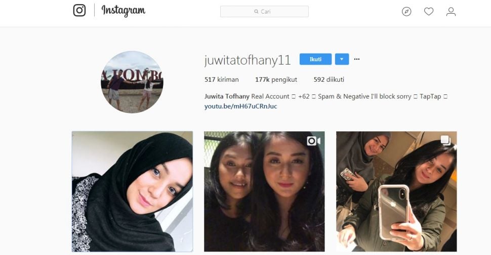 Screenshoot tampilan Instagram Juwita Bahar