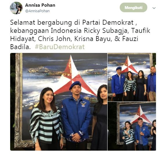 Annisa Pohan umumkan anggota baru Partai Demokrat dari kalangan atlet hingga artis. [Twitter] 