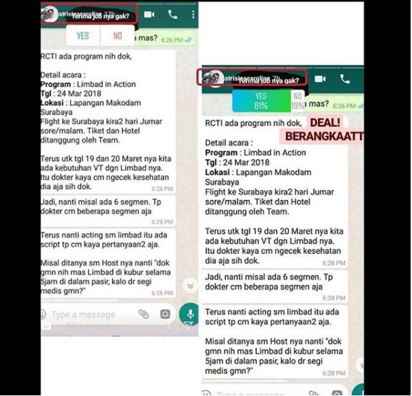 Tangkap layar diduga percakapan seorang dokter dengan tim kreatif acara Dahsyat. (Instagram)