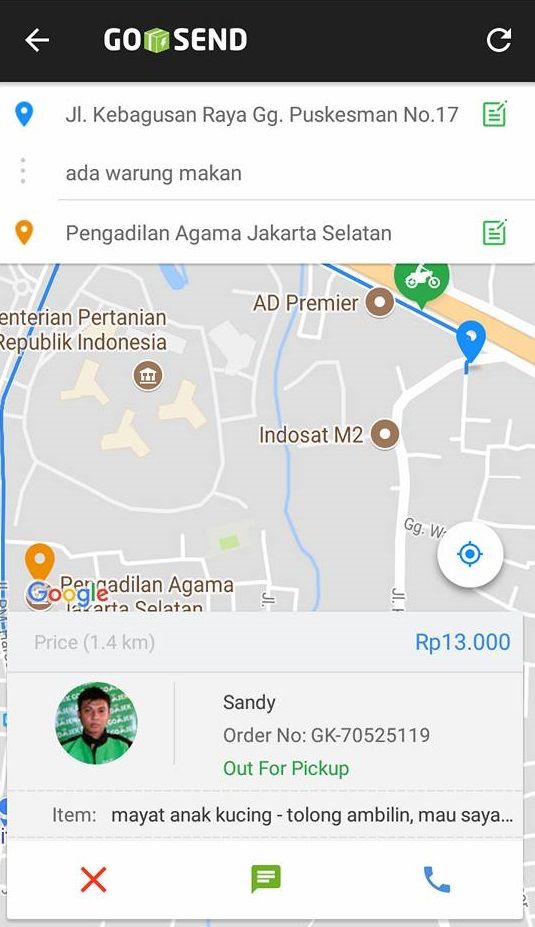 Tangkapan layar pesanan Go-Jek untuk memungut bangkai kucing di Kebagusan, Jakarta Selatan. [Facebook/Antonio Sri Hendarianto]