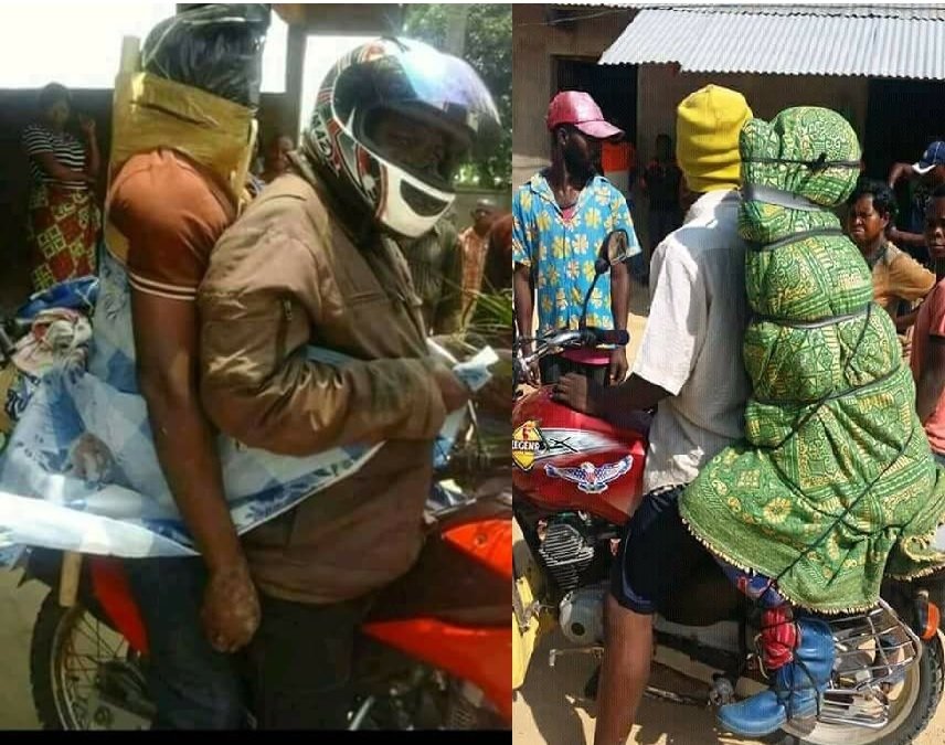 Dua orang ojek mayat di Kongo sedang melakukan pekerjaanya. [Facebook/PJ Kasirim]