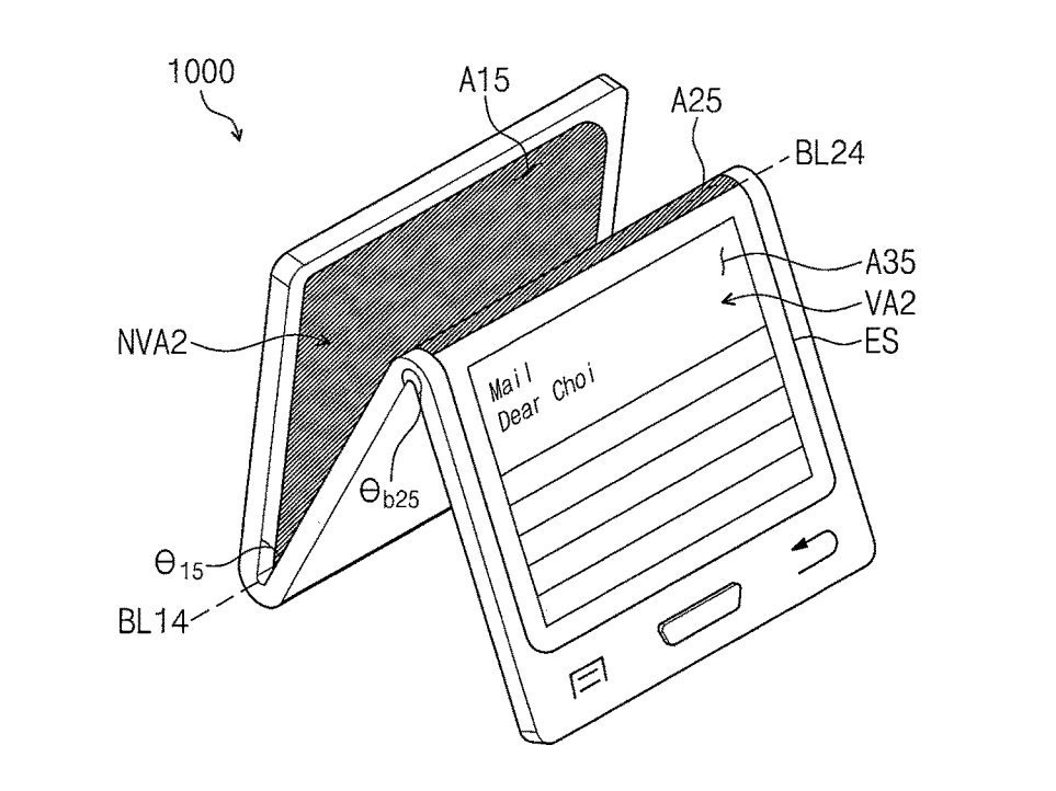 Desain ponsel lipat Samsung seperti yang tertuang dalam dokumen paten di kantor urusan hak paten dan merek dagang Amerika Serikat pada 2 Mei lalu. [US Patent and Trade Mark Office]