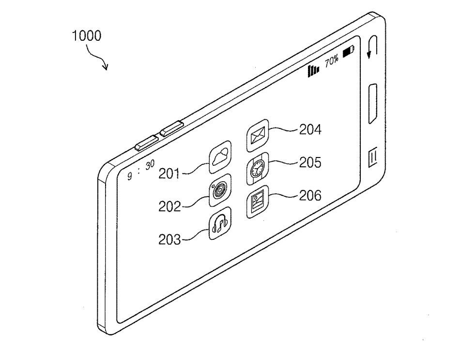 Desain ponsel lipat Samsung seperti yang tertuang dalam dokumen paten di kantor urusan hak paten dan merek dagang Amerika Serikat pada 2 Mei lalu. [US Patent and Trade Mark Office]