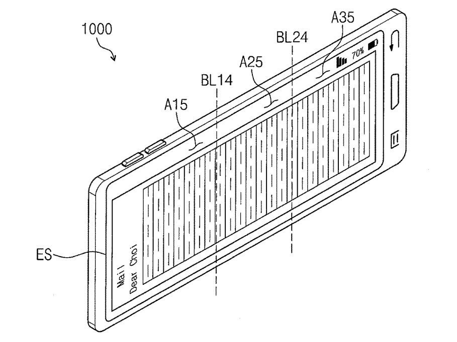 Desain ponsel lipat Samsung seperti yang tertuang dalam dokumen paten di kantor urusan hak paten dan merek dagang Amerika Serikat pada 2 Mei lalu. [US Patent and Trade Mark Office]