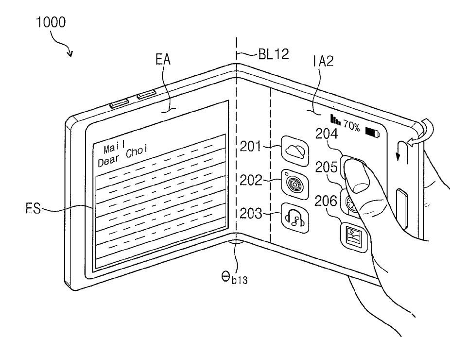 Desain ponsel lipat Samsung seperti yang tertuang dalam dokumen paten di kantor urusan hak paten dan merek dagang Amerika Serikat pada 2 Mei lalu. [US Patent and Trade Mark Office]