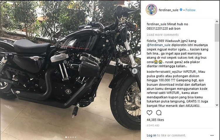 Sule menjual Harley Davidson Sportster Forty-Eight di akun Instagramnya pada awal Mei 2018. [Instagram/ferdinan_sule]