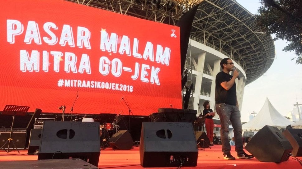 Nadiem Makarim di acara bertajuk Pasar Malam Hari Kuliner Nasional Go-Food di kawasan Gelora Bung Karno, Jakarta, Jumat (11/5/2018). [Suara.com/Firsta Putri Nodia]