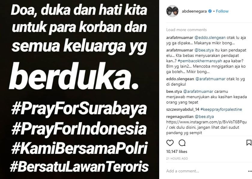 Abdee Slank ungkapkan keprihatinan atas insiden Bom Surabaya (abdeenegara/instagram).