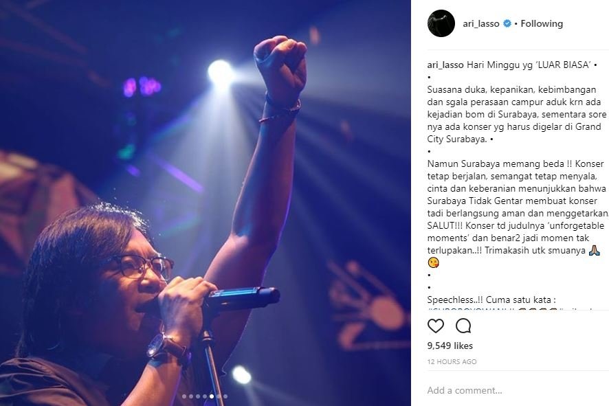 Ari Lasso tengah konser di Surabaya saat tragedi Bom (@ari_lasso/instagram).