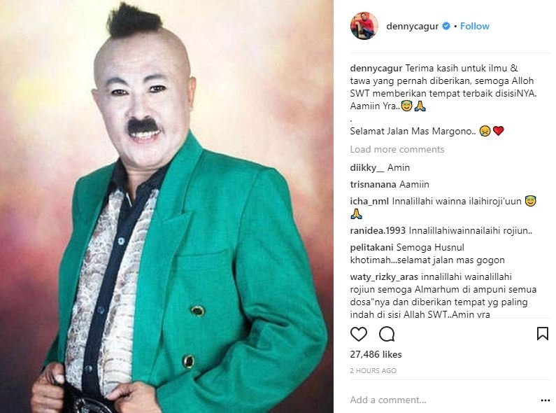 Komedian Denny Cagur ungkapkan belasungkawa atas meninggalnya Gogon Srimulat (@dennycagur/instagram).