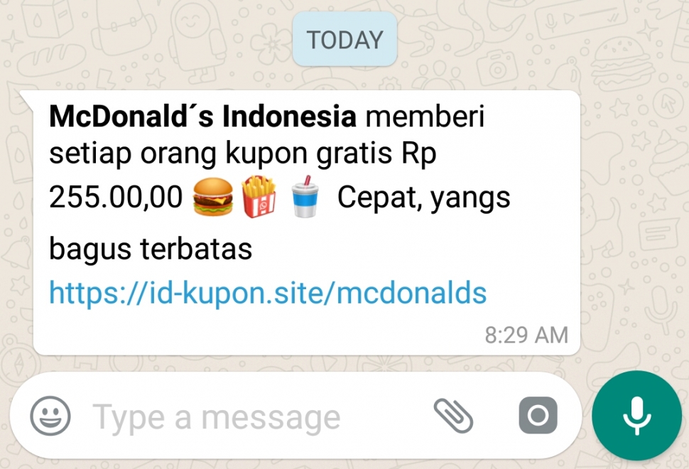 Sebuah pesan yang mengatasnamakan McDonald's Indonesia dan beredar luas via WhatsApp pada pekan ini. [Suara.com/Liberty Jemadu]